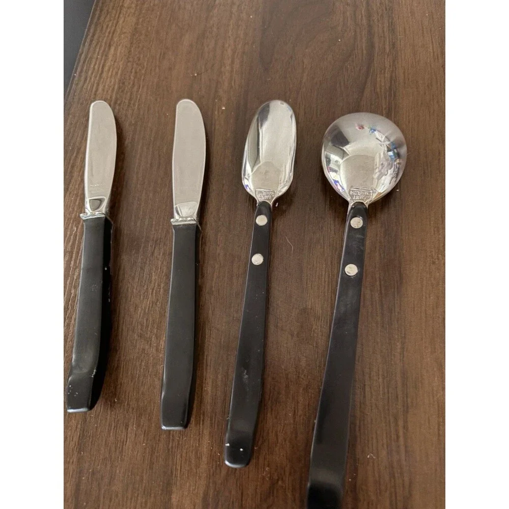 Vintage LUNT Contrast Sterling Silver.Ebony Serving Spoon,Seafood Spoon & Knives